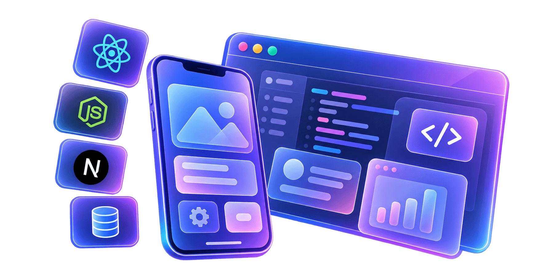 Neon application development interface with React, Next.js, Node.js, and database stack icons