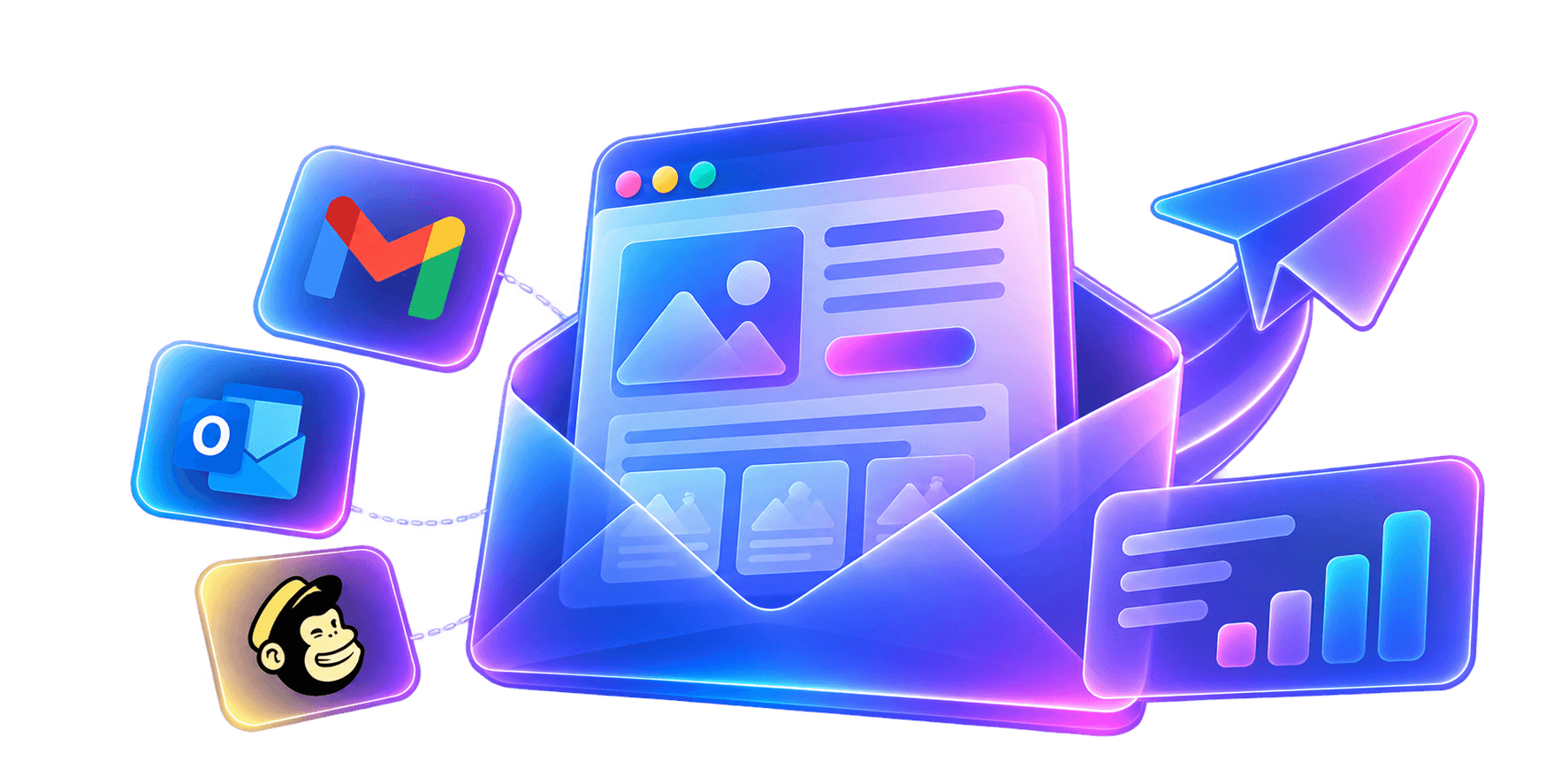Neon glass email marketing illustration with envelope and campaign template preview