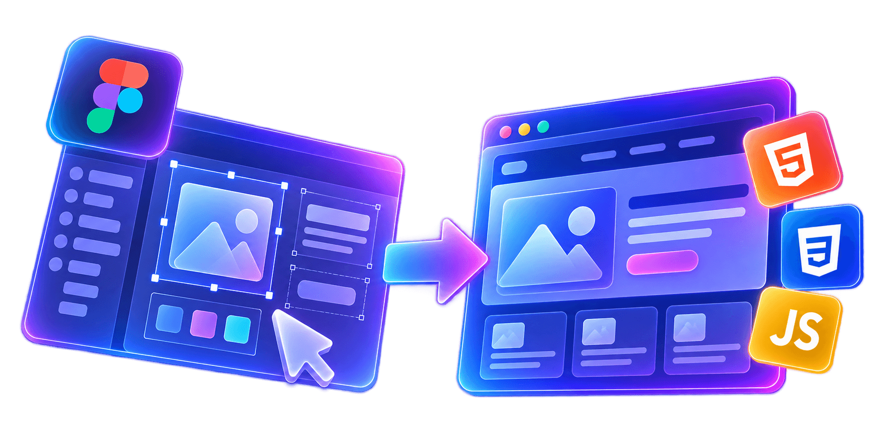 Neon glow illustration of Figma design converting into a responsive website preview