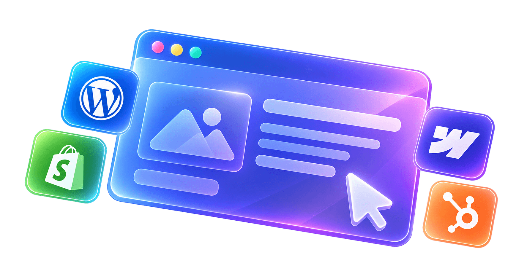 Neon glass browser interface for website and CMS development with WordPress, Shopify, Webflow, and HubSpot